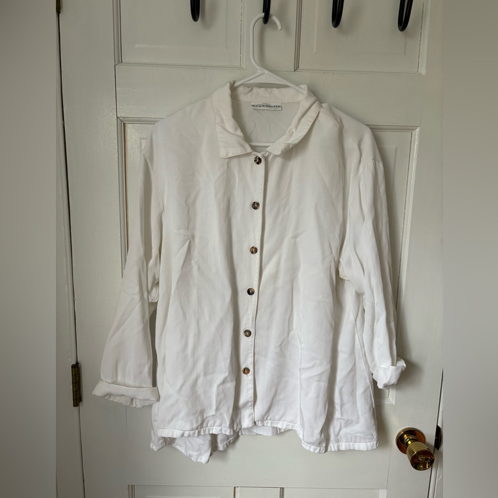 Bryn Walker 100% Tencel White Collar Button-Down Blouse, Size Large (L)